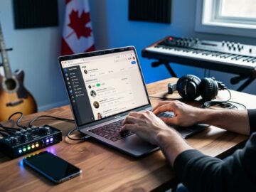Canadian musician at a wooden desk in a home studio updating artist profiles on a laptop, with smartphone, audio interface, and headphones nearby; soft daylight and blurred guitar, keyboard, and a small Canadian flag in the background.