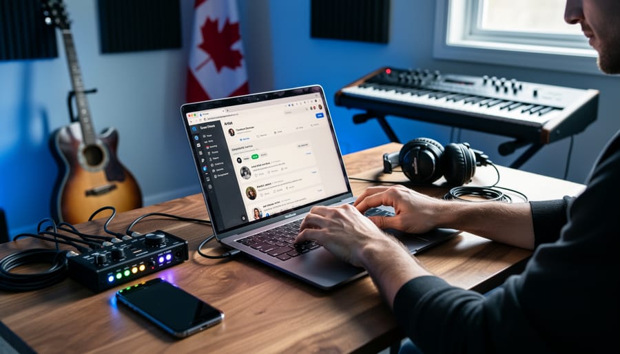 Canadian musician at a wooden desk in a home studio updating artist profiles on a laptop, with smartphone, audio interface, and headphones nearby; soft daylight and blurred guitar, keyboard, and a small Canadian flag in the background.