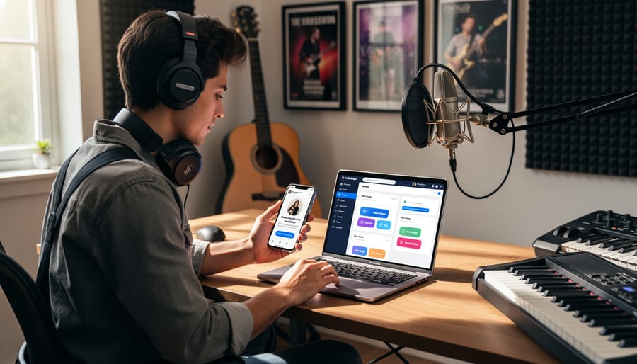 Canadian musician working on laptop in home music studio