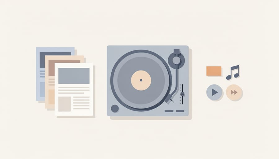 Hand placing a vinyl record on a turntable with a small stack of blank curated recommendation cards.