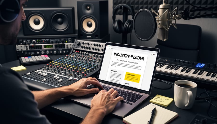 Producer’s hands adjusting mixing console and studio monitors in a home music studio.