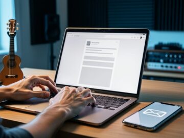“Home studio desk with a laptop and smartphone ready to send a monthly music newsletter, alongside a guitar.”