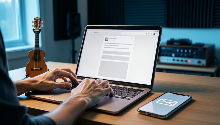 “Home studio desk with a laptop and smartphone ready to send a monthly music newsletter, alongside a guitar.”
