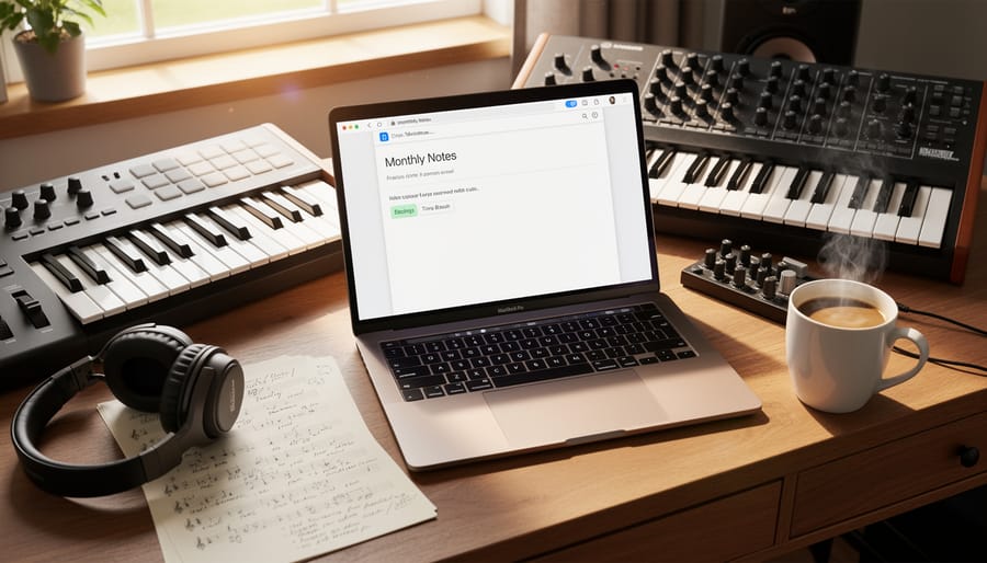 Laptop, headphones, and a smartphone on a desk representing preparing a music newsletter.