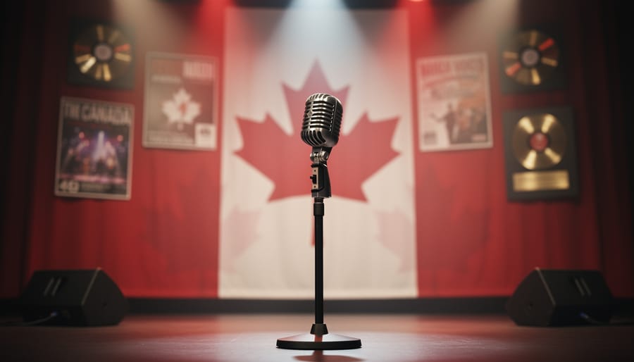 Close-up of a vintage microphone under warm concert lights with a dark stage curtain backdrop