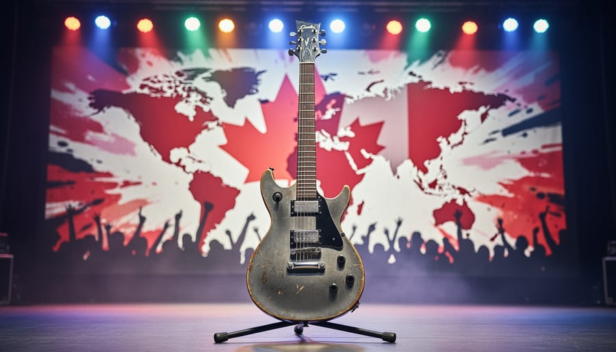 Electric guitar leaning against a colorful mural wall with concert-style lighting in the background