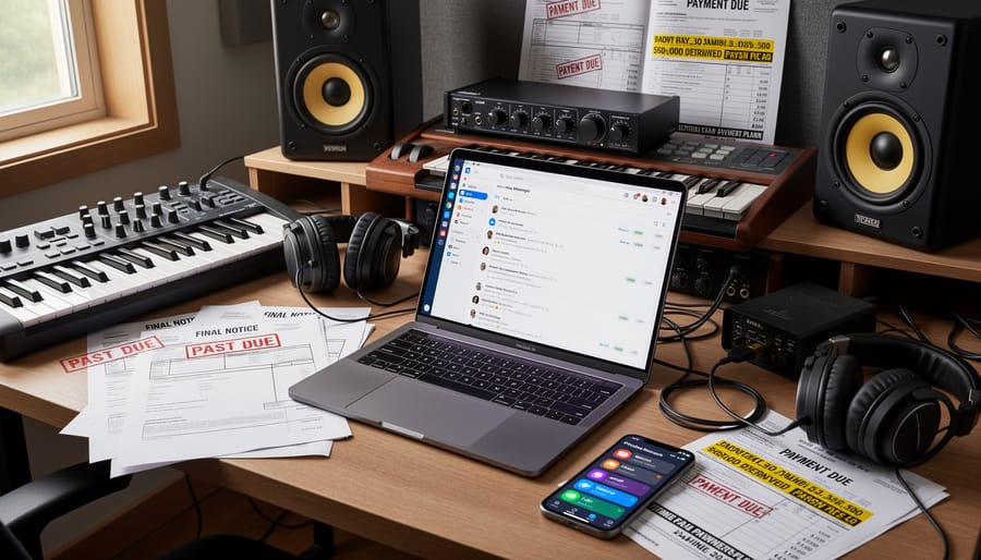 Electric keyboard and music equipment on a studio desk beside unopened mail and a phone showing missed calls.