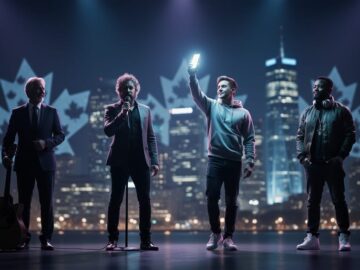 Silhouettes of four symbolic Canadian male singers on a nighttime stage with blue-purple concert lighting and a softly blurred city skyline in the background.