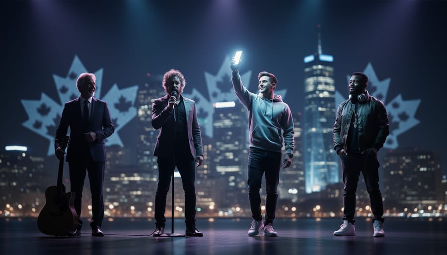 Silhouettes of four symbolic Canadian male singers on a nighttime stage with blue-purple concert lighting and a softly blurred city skyline in the background.