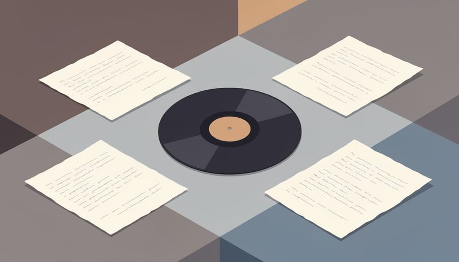 Handwritten lyric pages with a fountain pen and an old vinyl record on a wooden desk