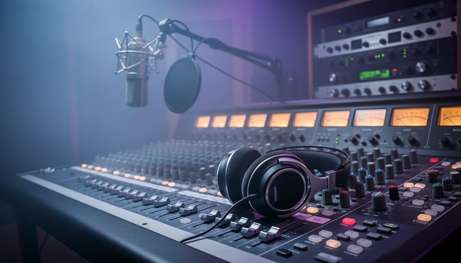 Headphones resting on a mixing console with moody studio lighting and light fog