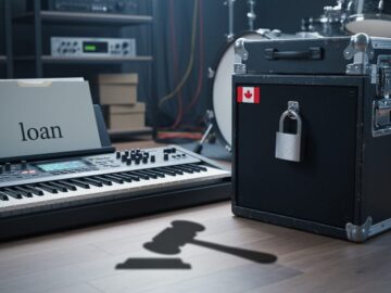 “Close-up of music equipment in a studio with a locked road case and a loan folder, illustrating the risk of repossession and equity.”