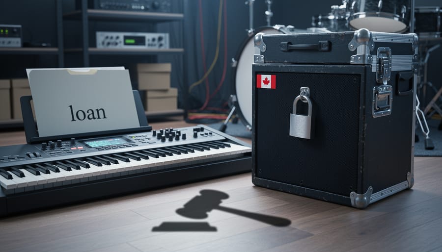 “Close-up of music equipment in a studio with a locked road case and a loan folder, illustrating the risk of repossession and equity.”